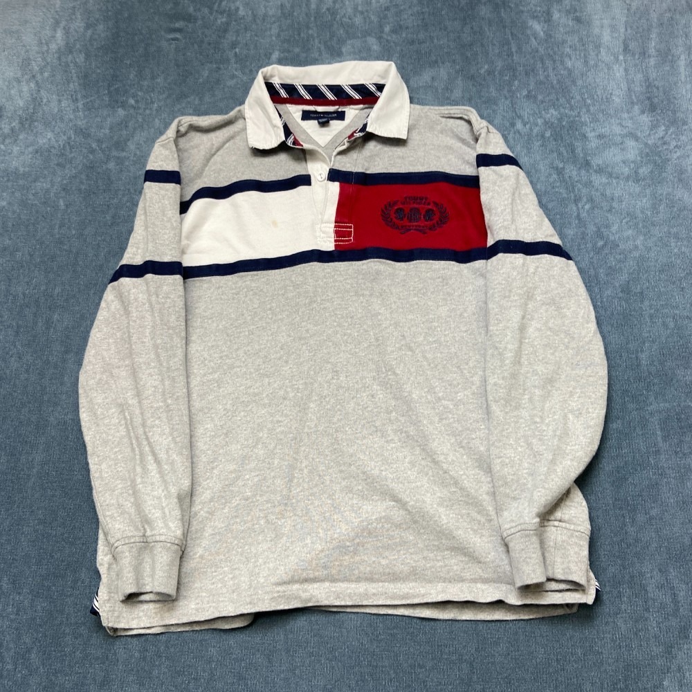 Tommy Hilfiger Rugby Shirt Mens XL Heather Gray Collared Ribbed Hem Long Sleeve